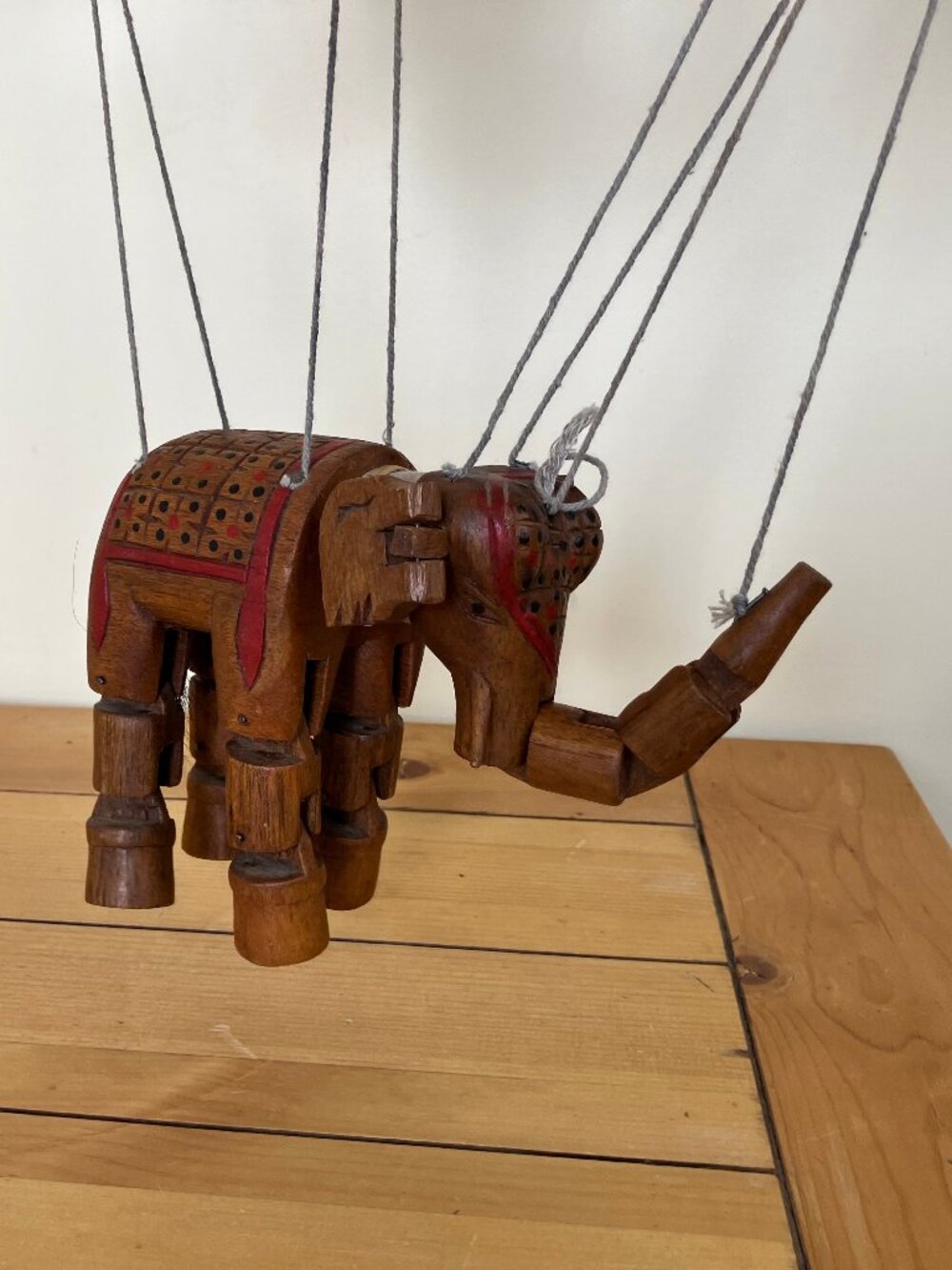 Handmade Wooden Indian Elephant Marionette VintageHinged Jointed Puppet
